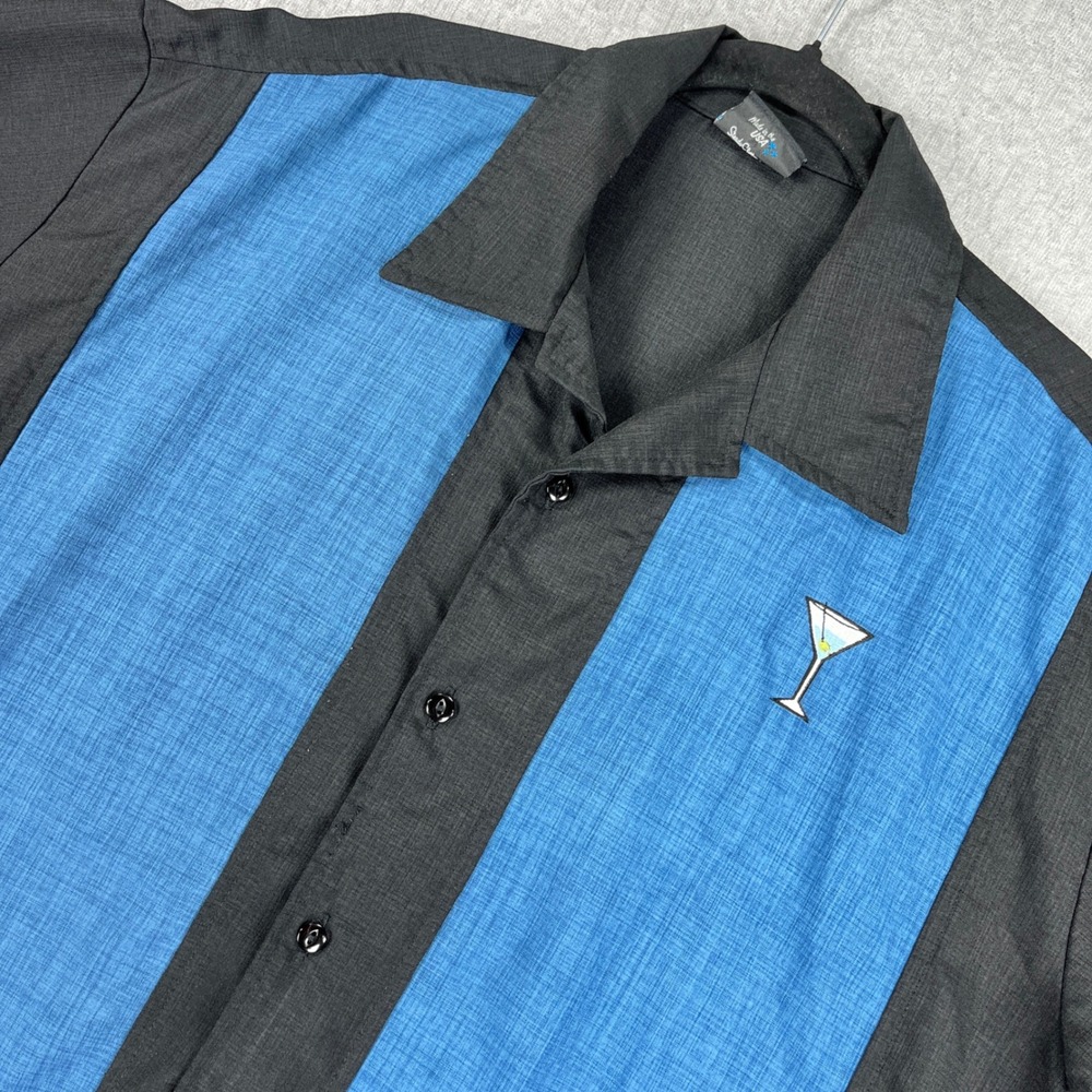 Steady Last Call Bowling Shirt Mens XL Black Blue Martini Glass Rockabilly Retro